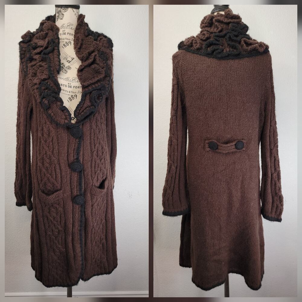 BCBG Max Azria Duster Long Cardigan Sweater Womens XL Wool Mohair Double Ruffle